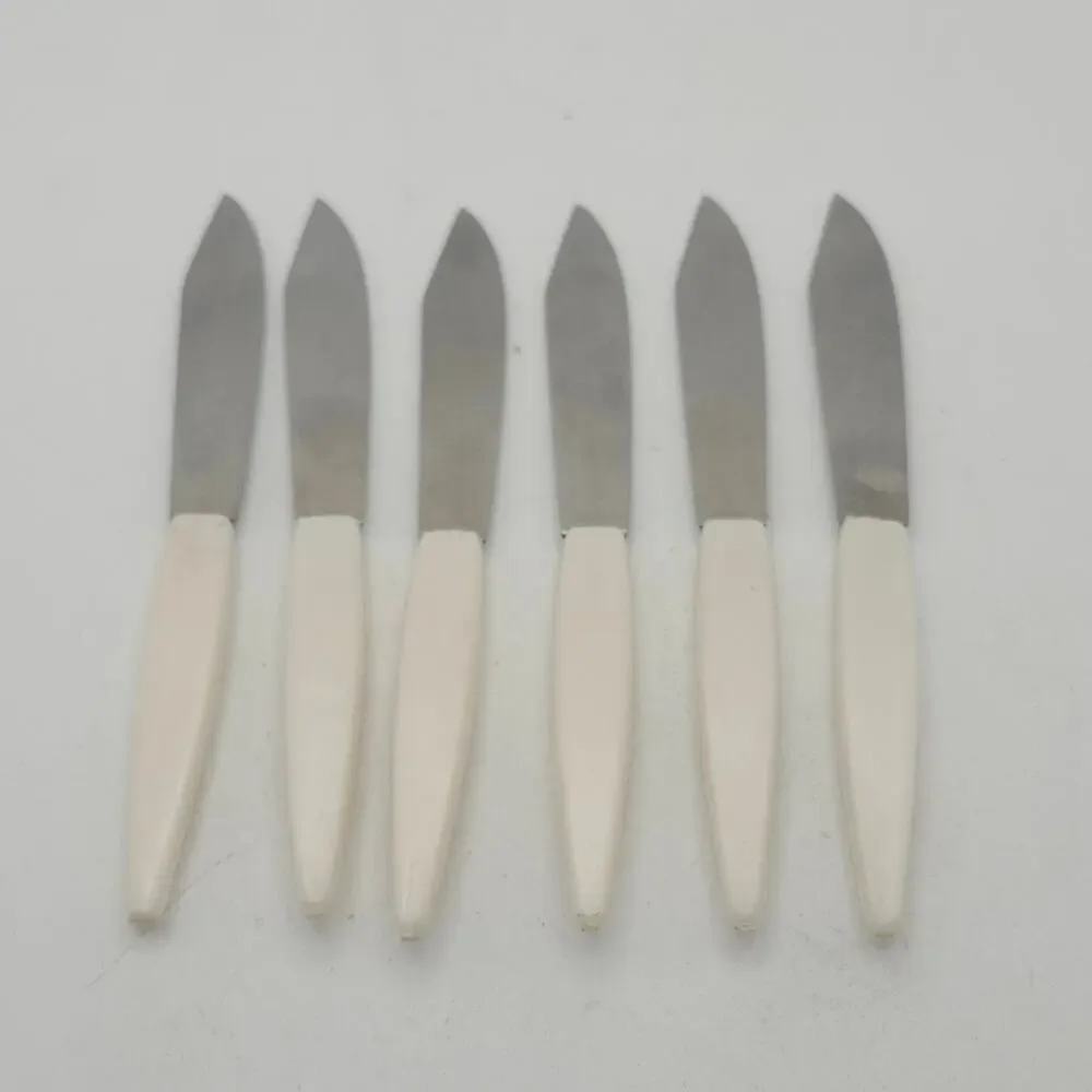Vintage 6 Mini Cocktail Appetizer‎ Knives Japan Cream Gold Floral MCM Stainless